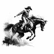 Cowboy rides a bucking bronco in a rodeo performance silhouette. Generative AI