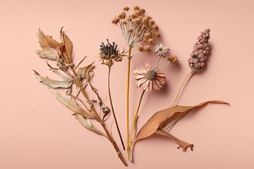 Poster - dried beautiful wildflowers on pastel pink background, created with generative ai