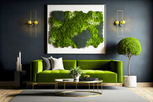 Modern living room interior with green couch against moss picture. Biophilic design. Generative AI illustration