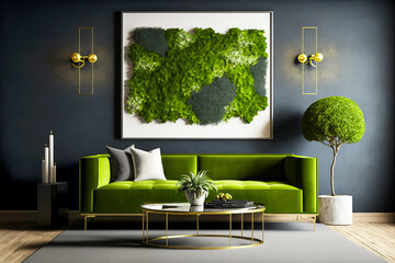 Wall Mural - Modern living room interior with green couch against moss picture. Biophilic design. Generative AI illustration