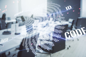 Aufkleber - Multi exposure of virtual abstract fingerprint illustration on a modern furnished office background, digital access concept