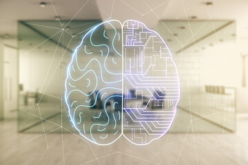Poster - Virtual creative artificial Intelligence hologram with human brain sketch on a modern furnished office background. Multiexposure