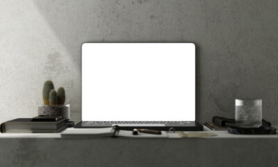 Poster - Co-working office interior with mock-up laptop white screen for presentation, coffee cup, stationery, plants and cat standing on a computer table. Front view workspace. 3d rendering