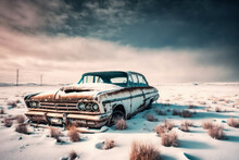 An Old Rusted Out Car In A Snowy Field A Stock Photo Generative AI