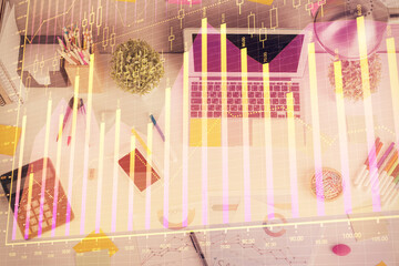 Aufkleber - Double exposure of forex chart drawing over table background with computer. Concept of financial research and analysis. Top view.