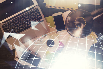 Aufkleber - Double exposure of map hologram drawing over study table background with computer. Concept of international network. Top view.
