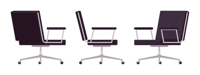 Wall Mural - Desk rolling chair with armrest, meeting, executive furniture black set. Sitting comfort for working, resting, waiting. Vector flat style cartoon home, office articles isolated on white background