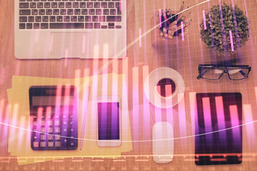 Poster - Double exposure of forex chart hologram over desktop with phone. Top view. Mobile trade platform concept.