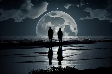 People admiring the full moon by the sea. AI generated