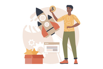 Aufkleber - Business startup yellow and brown concept with people scene in the flat cartoon design. Man counts his first money, which he earned thanks to the launch of a startup. Vector illustration.