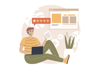 Poster - Call center yellow and brown concept with people scene in the flat cartoon style. Support center employee accepts calls and requests for assistance. Vector illustration.