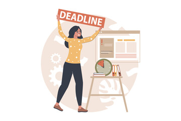Aufkleber - Deadline yellow and brown concept with people scene in the flat cartoon design. Supervisor reminds his employees about deadlines for completing tasks. Vector illustration.