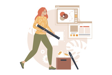 Aufkleber - Design studio yellow and brown concept with people scene in the flat cartoon style. Young designer working on concept for clients projects. Vector illustration.