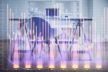 Poster - Double exposure of financial graph drawing and office interior background. Concept of stock market.