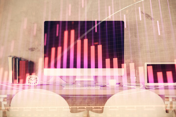 Poster - Multi exposure of stock market chart drawing and office interior background. Concept of financial analysis.