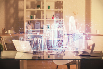 Poster - Multi exposure of town drawings and office interior background. Smart city concept.