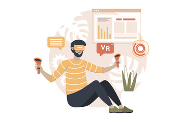 Aufkleber - VR yellow and brown concept with people scene in the flat cartoon design. Man learns innovative technologies in the virtual world with the help of gadgets. Vector illustration.