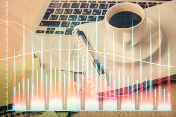 Poster - Double exposure of forex chart drawing and desktop with coffee and items on table background. Concept of financial market trading
