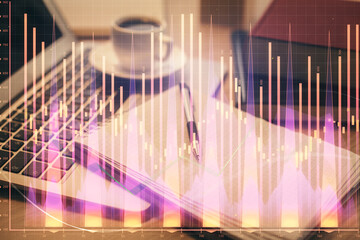 Poster - Double exposure of forex chart drawing and desktop with coffee and items on table background. Concept of financial market trading