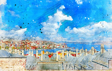 Canvas Print - Istanbul view from Suleymaniye Mosque. Watercolor artistic work.