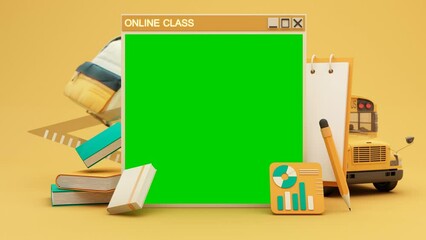 Wall Mural - Back to school online learning, E-learning with school supplies and equipment. laptop computer screen with paper rocket accessories and textbooks on yellow background. cartoon style -3D Rendering