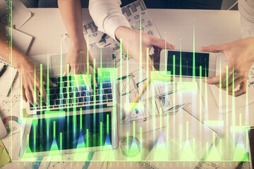 Aufkleber - Multi exposure of man and woman working together and forex graph hologram drawing. Financial analysis concept. Computer background. Top View.