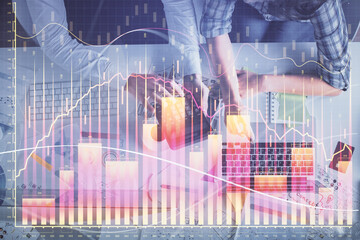 Aufkleber - Double exposure of man and woman working together and financial graph hologram drawing. market analysis concept. Computer background. Top View.