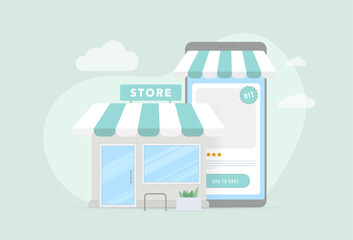 Poster - Hybrid shopping concept - customers make purchases both in physical retail and online store. Offline mole building and smartphone displaying open product card page. For e-commerce, retail visuals
