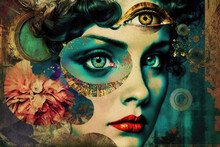 Psychedelic Woman Portrait With Beautiful Eyes. Art Nouveau Style Collage. Generative AI
