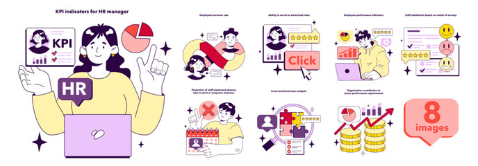 Poster - KPI, key performance indicators for HR specialist set. Indicator to measure