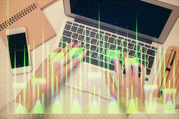 Aufkleber - Double exposure of woman hands working on computer and forex graph hologram drawing. Top View. Financial analysis concept.