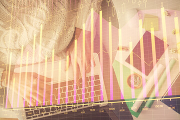 Aufkleber - Multi exposure of woman hands working on computer and forex chart hologram drawing. Top View. Financial analysis concept.