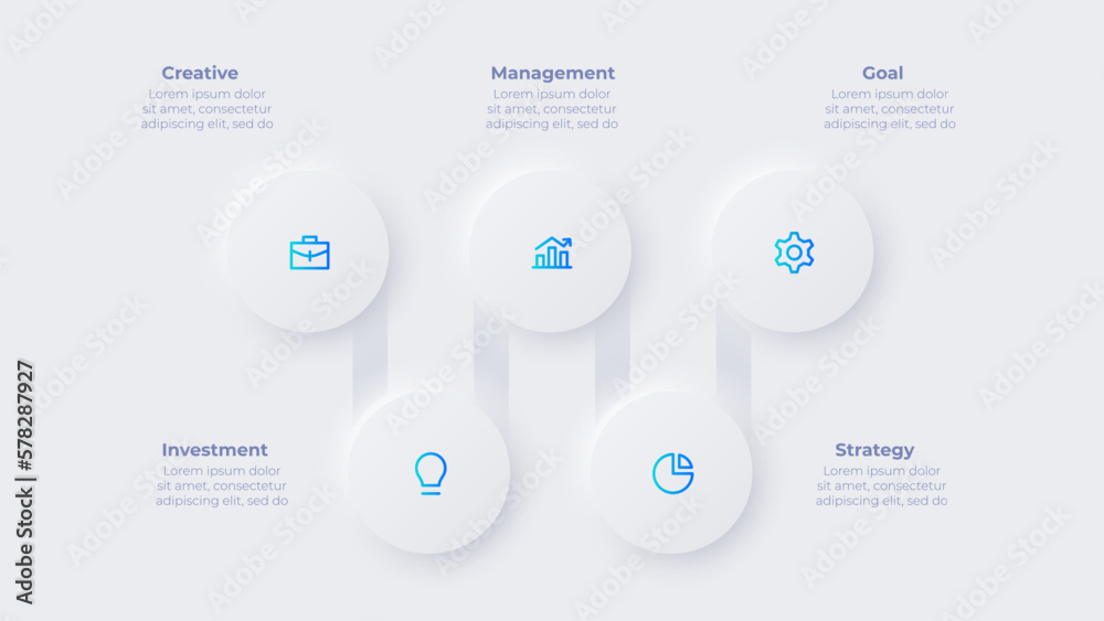 Five circles neumorphism infographic illustration with 4 steps. Stock ...