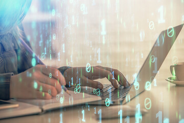 Fototapete - Multi exposure of woman hands working on computer and data theme hologram drawing. Tech concept.