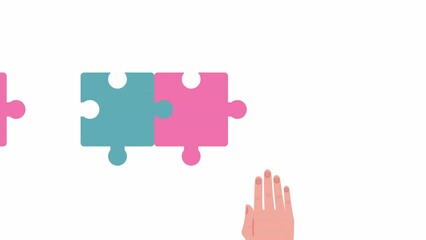 Poster - Animated doing jigsaw puzzles loader. Putting pieces together. 4K video footage with alpha channel transparency. Download, upload progress. Color cartoon style loading animation for web design