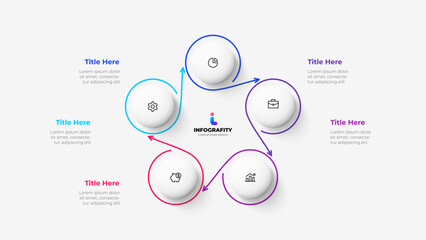 Cycle diagram with 5 options or steps. Infographic template. Five white circles with thin lines