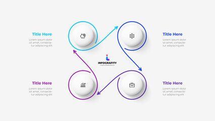 Poster - Cycle diagram with 4 options or steps. Infographic template. Four white circles with thin lines