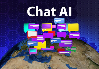 Poster - Chat AI. Clouds messages over planet. Chat AI technology. Artificial intelligence. Neural network to answer questions. Chatting bot. Chat AI neural network. 3d image planet earth, elements from NASA