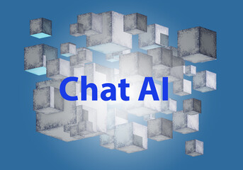 Poster - Chat AI background. Development of chat AI technology. Concept generative training text model. Cubs as metaphor for artificial intelligence. Chat AI to create messages. Bot, neural network. 3d image