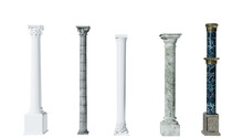 Set Of Columns Of Various Architectural Styles On Transparent Background.