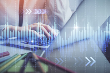 Aufkleber - Double exposure of woman hands typing on computer and financial graph hologram drawing. Stock market analysis concept.