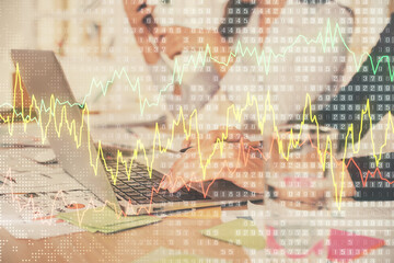 Poster - Multi exposure of woman hands typing on computer and forex chart hologram drawing. Stock market analysis concept.