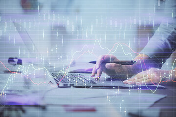 Poster - Multi exposure of woman hands typing on computer and financial chart hologram drawing. Stock market analysis concept.