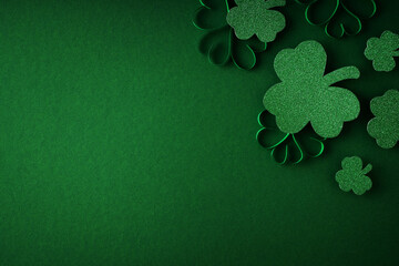 Saint Patrick day flat lay concept with shamrock clover on green background