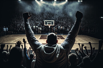 AI Generative Illustration of a basketball fan in the stands of a basketball stadium raising his arms cheering for his team