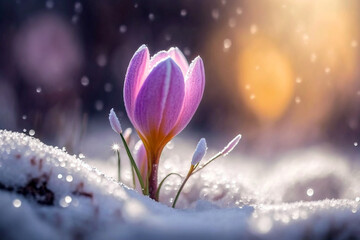 Wall Mural - Beautiful daisy flowers blooming purple on snow with blurred bokeh background while sunrise. Generative AI illustration