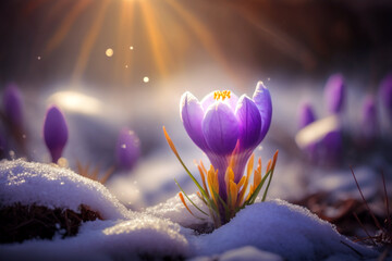 Poster - Beautiful daisy flowers blooming purple on snow with blurred bokeh background while sunrise. Generative AI illustration