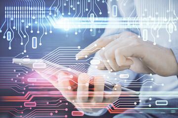 Fototapete - Multi exposure of man's hand holding and using a digital device and data theme drawing. Innovation concept.