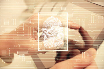 Aufkleber - Double exposure of man's hands holding and using a digital device and fingerprint hologram drawing. Security concept.