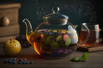 Wall Mural - hot fruit tea with berries in a glass teapot Generative AI